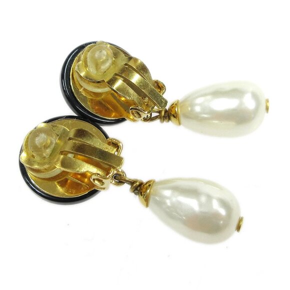 Chanel Artificial Pearl Dangle Earrings Clip-On Black - Picture 2 of 4